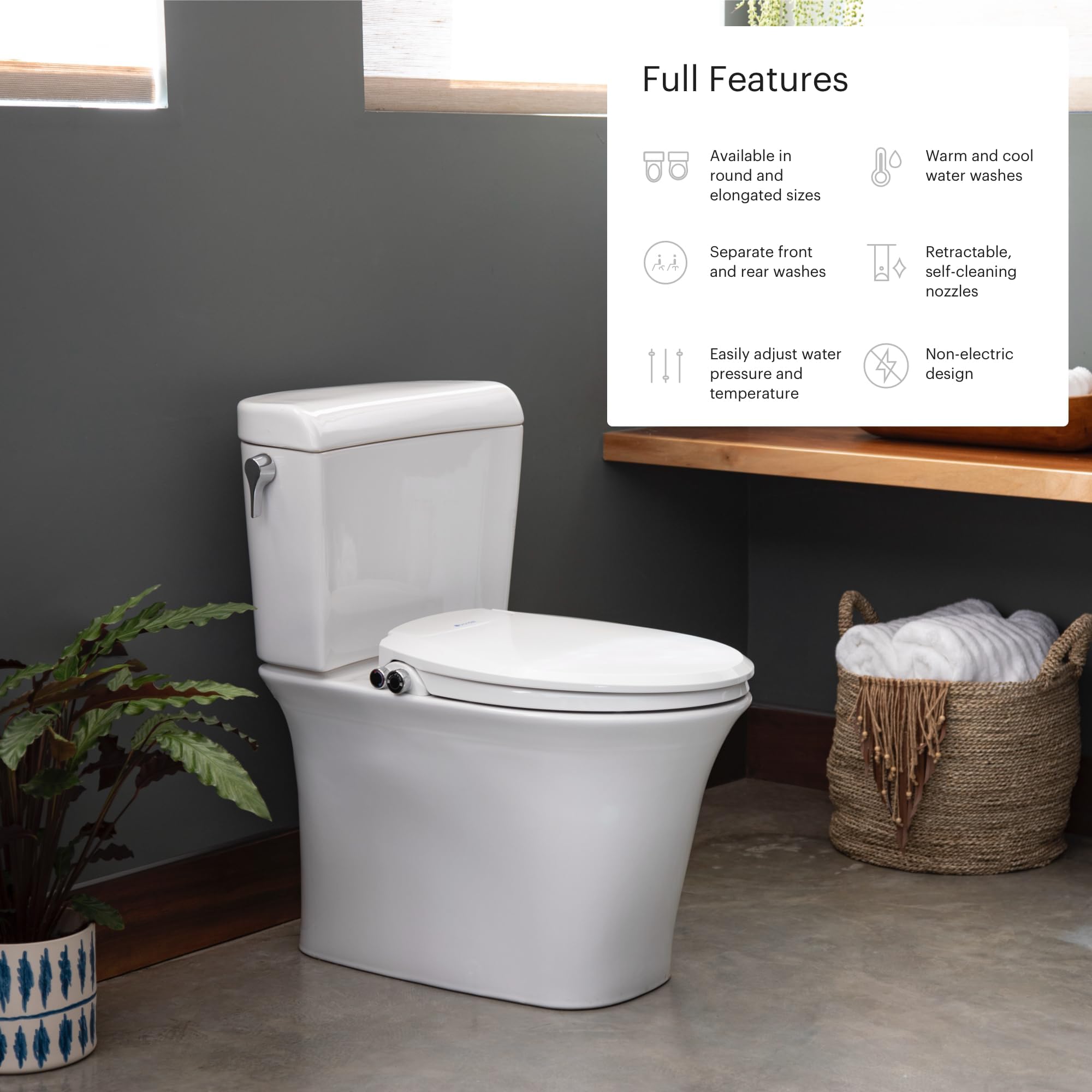 Brondell Swash Bidet Toilet Seat, Non-Electric, Dual Temperature, Fits Round Toilets, White – Dual Nozzle System – with Easy Installation