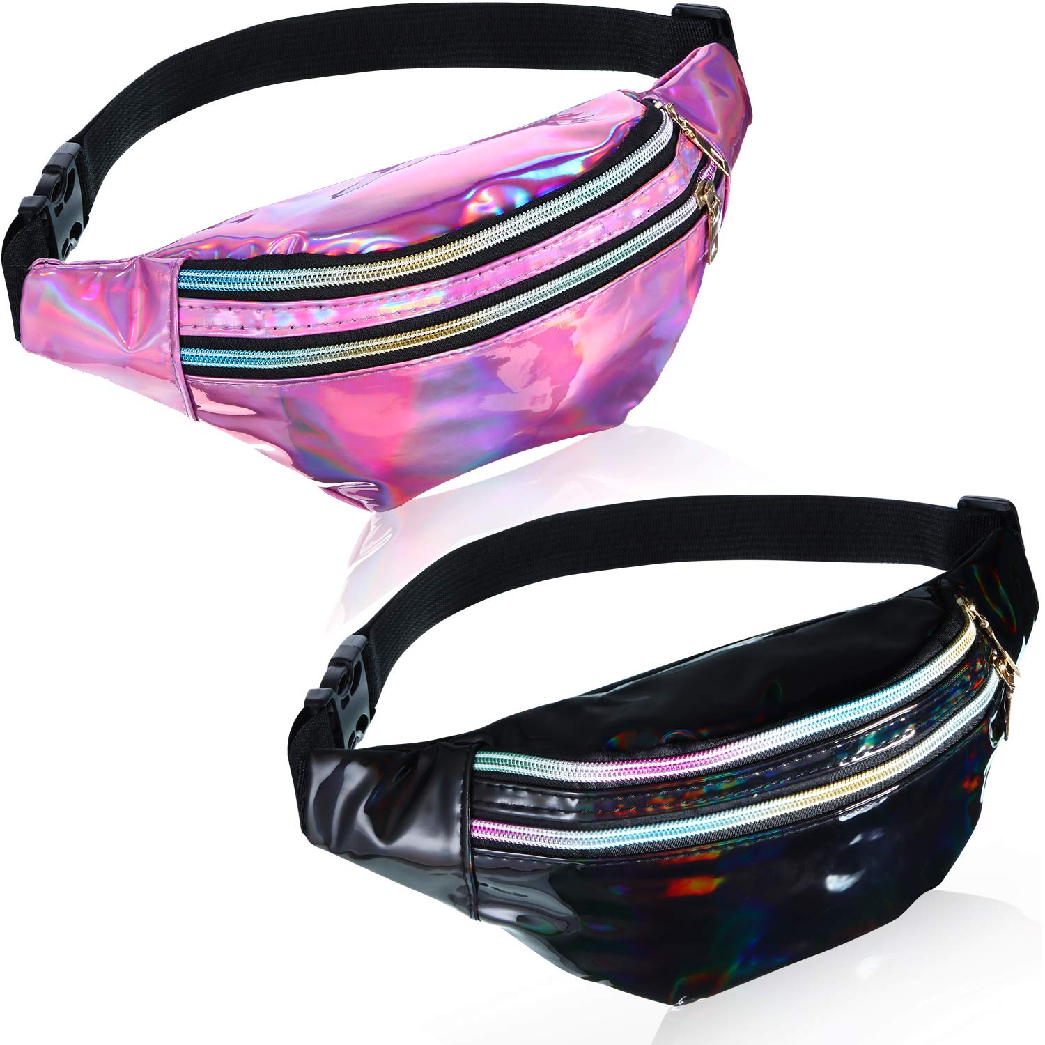 Frienda 2 Pieces Holographic Fanny Pack for Women Colorful Sport Waist Bag Pack, Shiny Black, Pink, S
