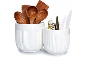 ZOEHROWS Utensil Holder, Set of 2 Large Ceramic Kitchen Utensil Holder for Countertop, Cooking Utensil Holder for Kitchen Counter, Morden Utensil Organizer for Spatula, Kitchen Decor，White