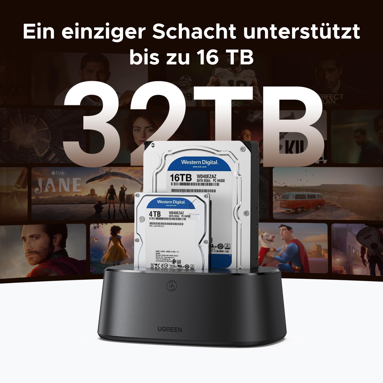 UGREEN Festplatten Dockingstation, USB 3.0 HDD Docking Station für 2,5''/3,5'' SATA HDD & SSD, 5Gbps Dual Bay Festplatten Adapter unterstützt Offline-Klonen und UASP 6