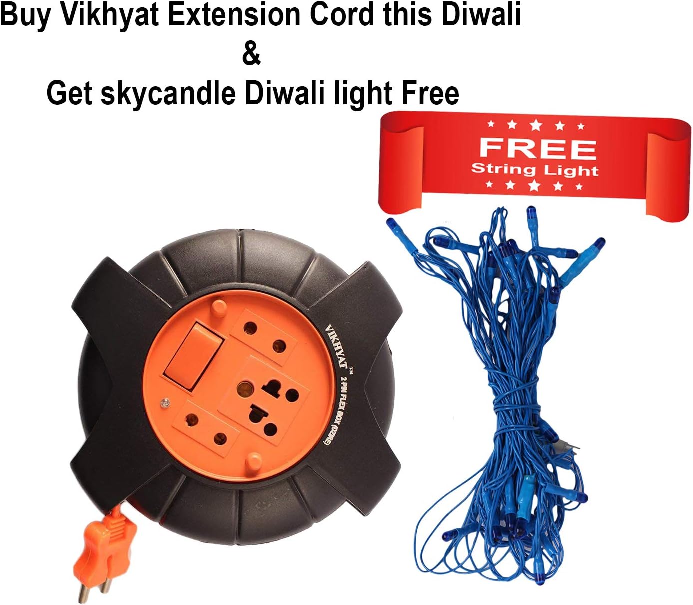 Vikhyat DzireX 6A .240V AC 5 m Red and Black Extension Board 2 Pin Flex Box with Switch and Indicator with String Light