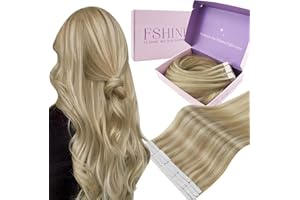 Fshine Tape in Human Hair Extensions 20 Inch Dark Ash Blonde Mixed with Golden Blonde for Women 20 pcs 50 g Soft Straight Ski