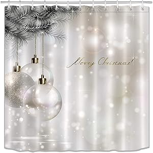 LB Merry Christmas Season Eve New Year Decorative Decor Gift Shower Curtain Polyester Fabric 3D Digital Printing 72x72 Durable White Bubble Balls Tree Pearl Bathroom Bath Liner Set