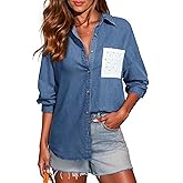 Sidefeel Women's Denim Shirt Button Down Long Sleeve Jean Shirt Shackt with Lace Pocket Denim Top