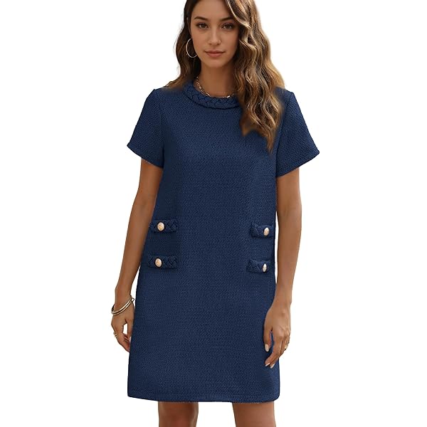 YIOAGA WOMENS TWEED JACKIE DRESS ELEGANT CREW NECK SHORT SLEEVE BUTTON BODYCON MINI DRESSES(NAVY,L)
