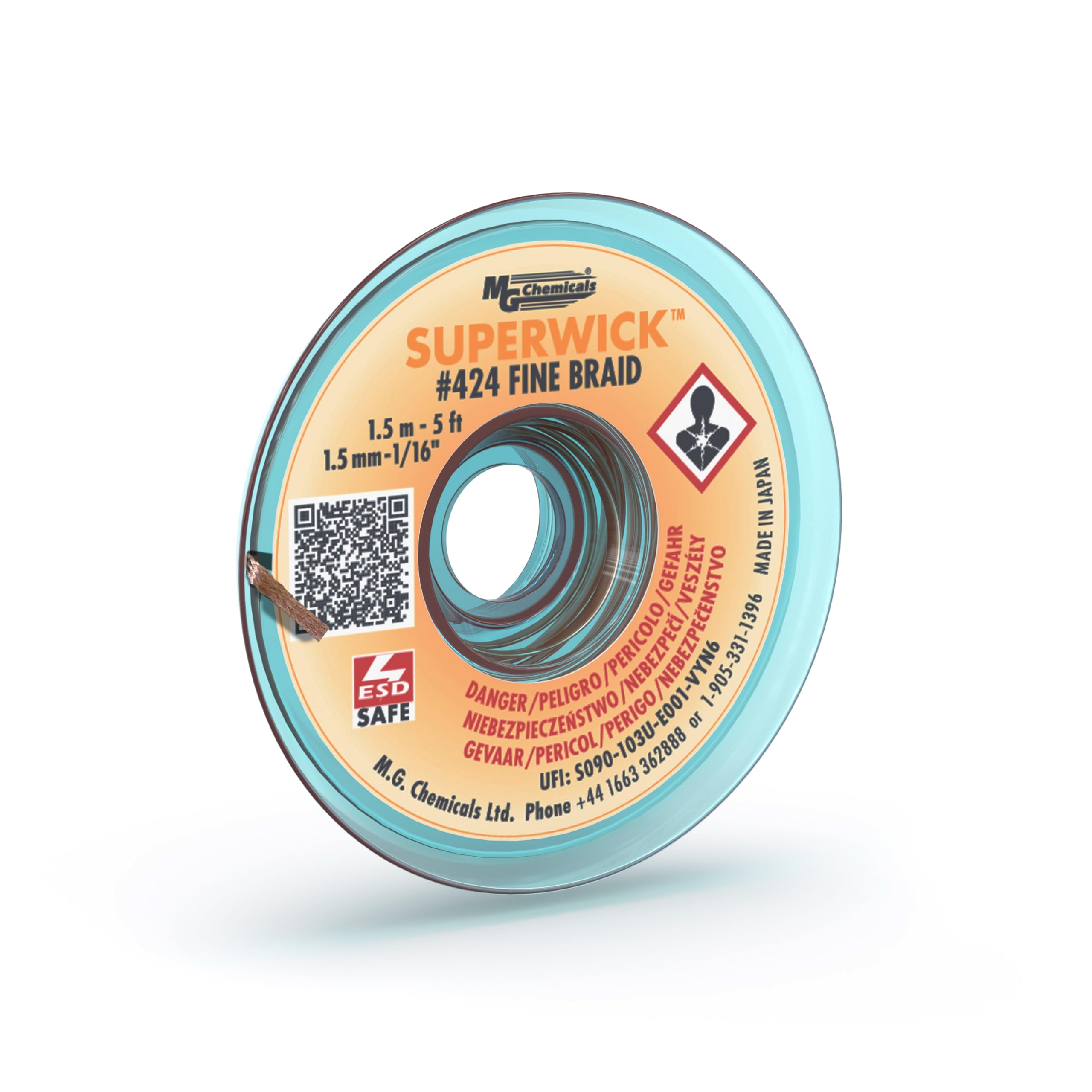 MG Chemicals 424 Desoldering Braid #2 Fine Braid Super Wick with RMA Flux, 5' Length x 0.05" Width, Yellow