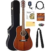 Fender CD-60SCE Solid Top Dreadnought Acoustic-Electric Guitar - All Mahogany Bundle with Hard Case, Tuner, Instrument Cable,