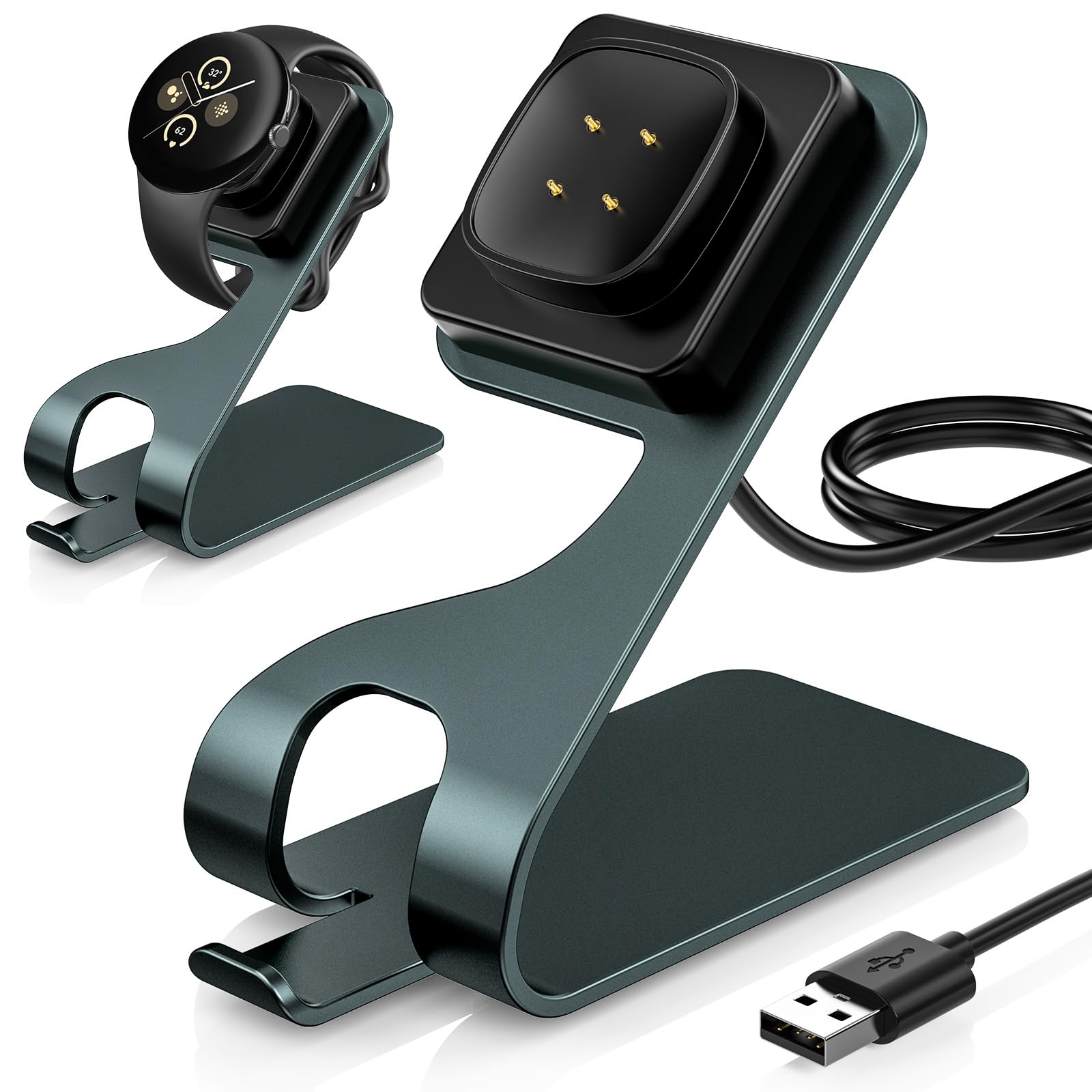 FASTSNAIL Charging Dock Compatible with Fitbit Versa 3/4/Sense/Sense 2/ace LTE, Magnetic Charging Stand with 4.9ft Cable for Google Pixel Watch 2/3, Dark Green