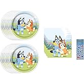 Unique Bluey Birthday Party Supplies Bundle Pack includes 16 Dessert Cake Paper Plates, 16 Beverage Dessert Cake Napkins, 1 Dinosaur Stickere Sheet - Bundle for 16