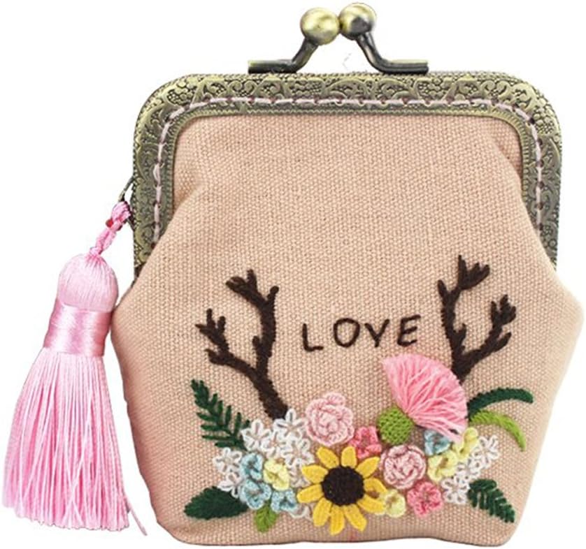 Full Range of Embroidery Starter Kit with Partten, Cross Stitch Kit Including Embroidery Cloth with Color Pattern, Plastic Embroidery Hoop, Color Threads, and Tools Kit (Coin Purse) (FHSJ)