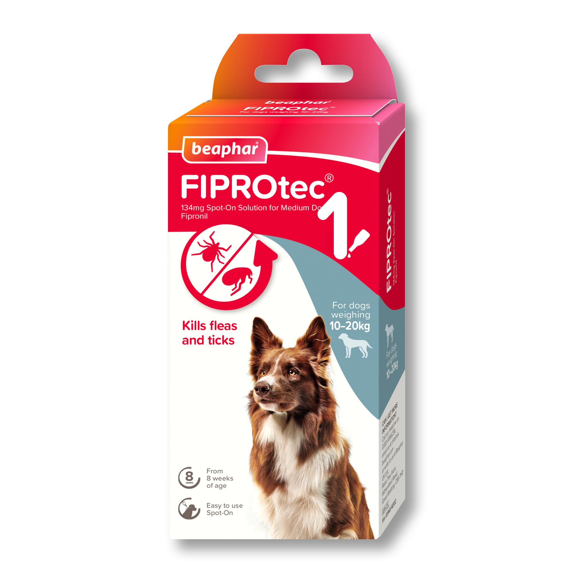 Beaphar - FIPROtec Spot-On Flea & Tick Treatment for Medium Dogs 10-20kg - 1 Pipette - Kills Fleas & Ticks – Veterinary Medicine - Easy to Apply Monthly - Suitable for Dogs & Puppies from 8 Weeks
