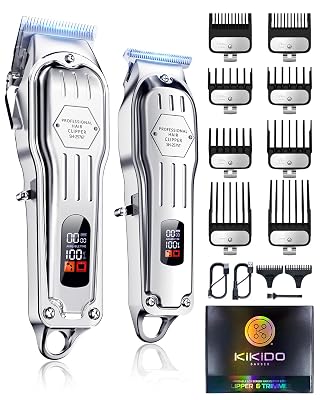 KIKIDO Hair Clippers Professional Cordless for Men, Barber Clippers for Hair Cutting Kit, Wireless LCD Display Hair Trimmers Set, Rechargeable Haircut Machine for Family (Sliver)