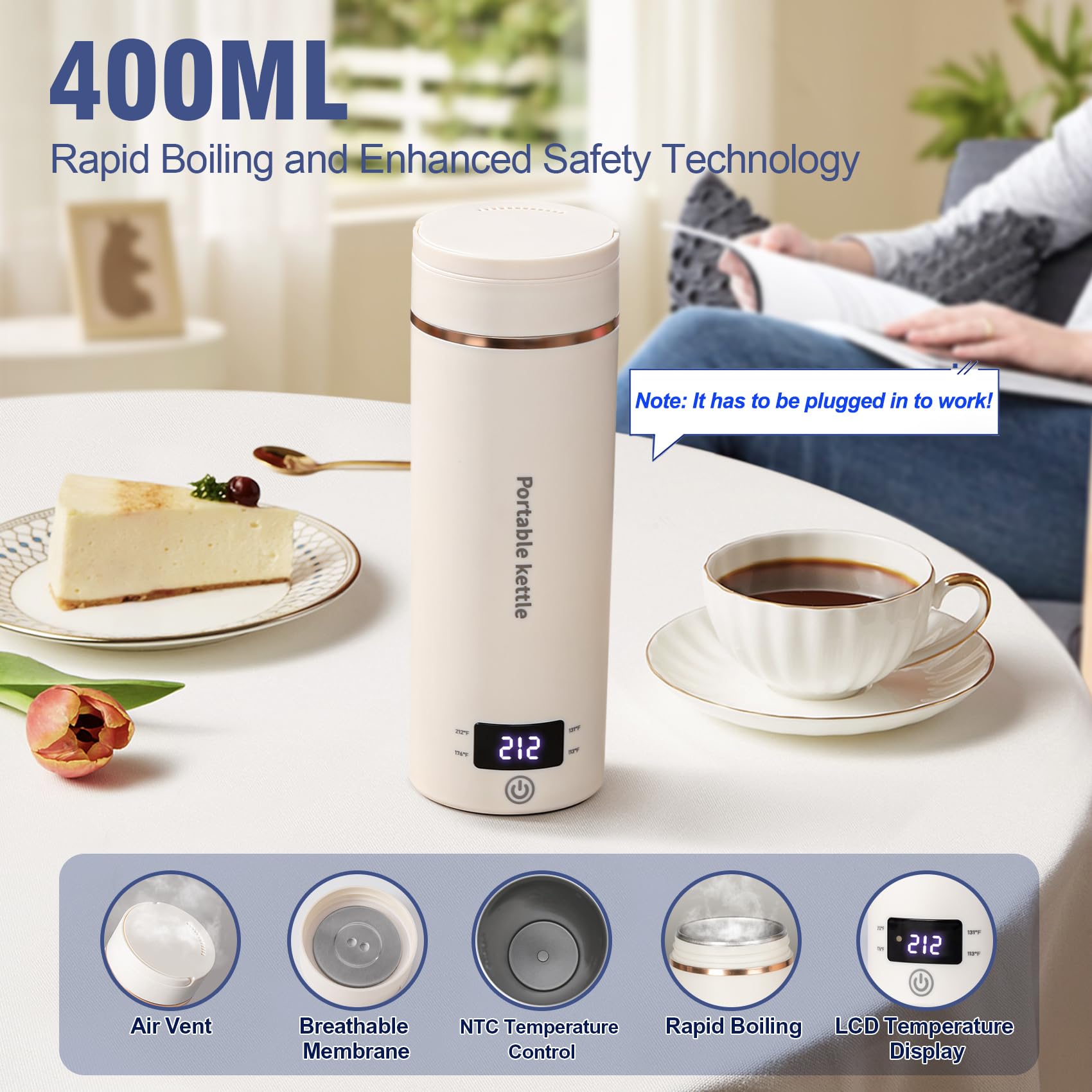 Travel Electric Kettle Portable Mini Kettle,Small Hot Water Boiler with 4 Temperature Settings,304 Stainless Steel,Fast Boiling Water with Auto Shut-Off and Boil Dry Protection (Beige, 400ML) - Image 3