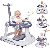 Baby Walker with Wheels, 5-in-1 Foldable Infant Toddler Walker for Boys Girls 6-18 Month, Music Walker for Baby with Car Steering Wheel &Removable Footrest,Baby Push Walker Dark Blue