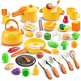60Pcs Kids Mini Play Kitchen Accessories, Pretend Cooking Play Set with Cookware, Tableware & Fruit & BBQ Sets, Learning Gift for Boys, Girls, Toddlers,Yellow