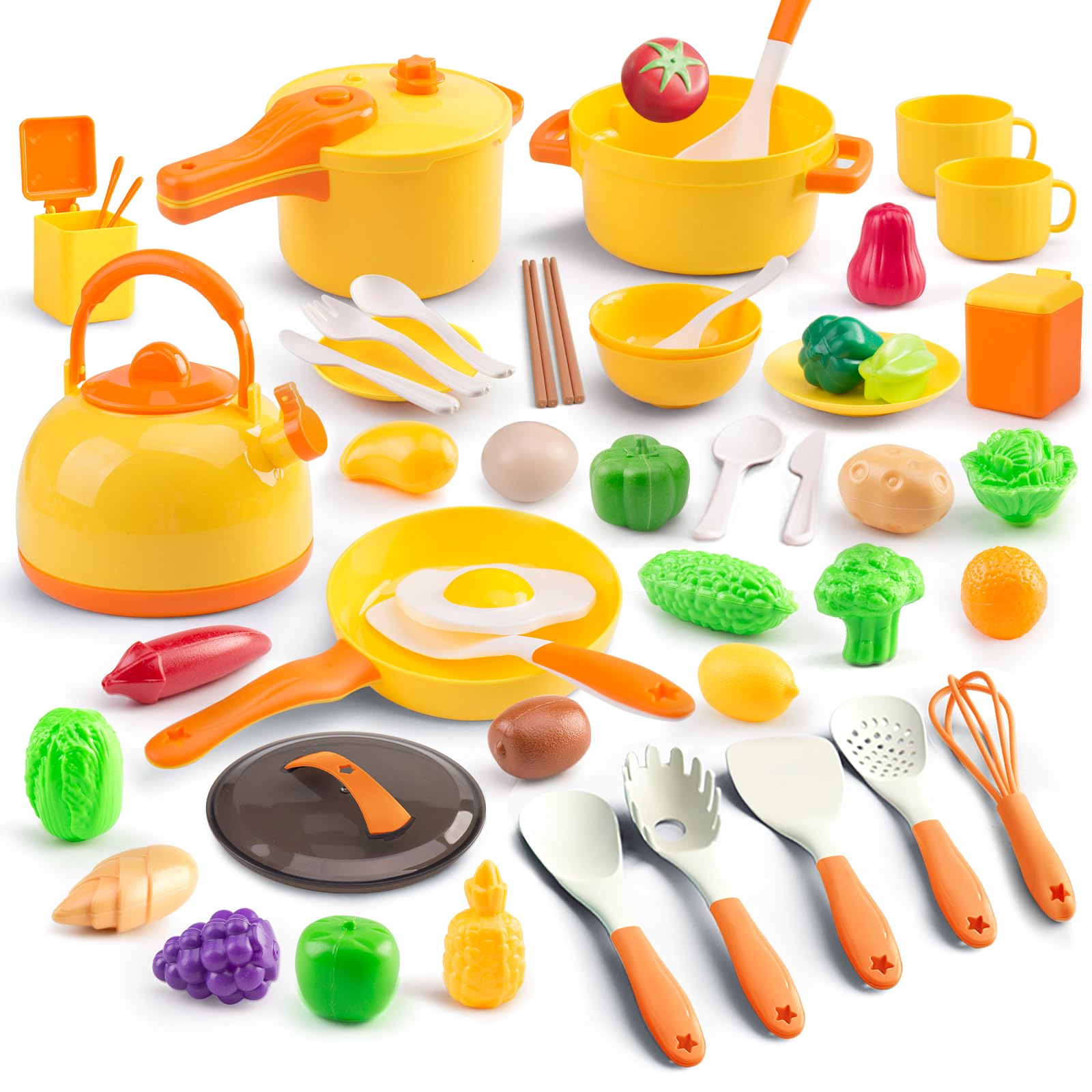 Photo 1 of 56Pcs Mini Play Kitchen Accessories for Kids, Pretend Cooking Playset with Cookware, Tableware & 2 Fruit Sets, Learning Gift for Girls, Boys, Toddlers, Yellow