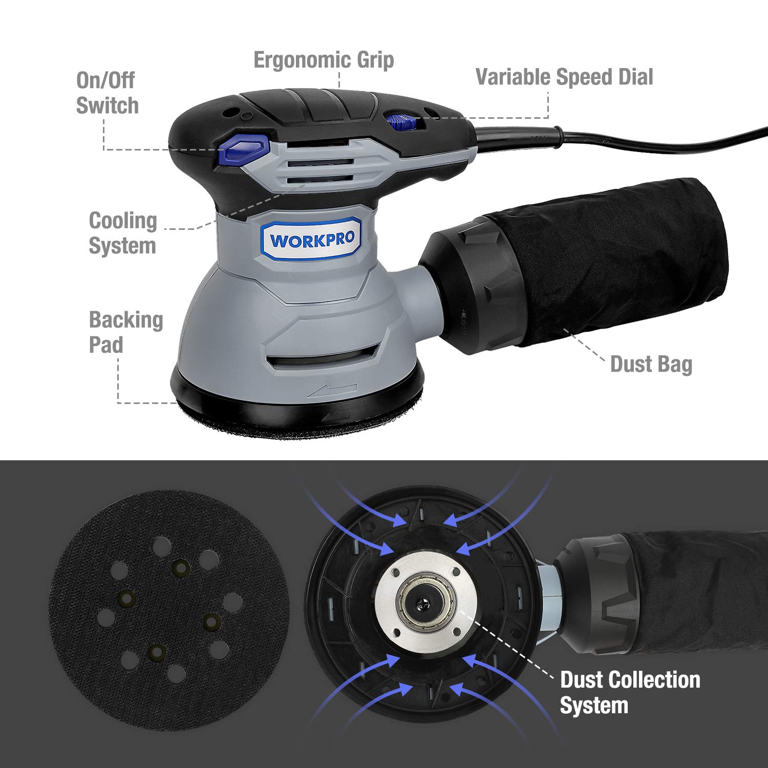 WORKPRO 5inch Random Orbit Sander 6 Variable Speed 12000 RPM
