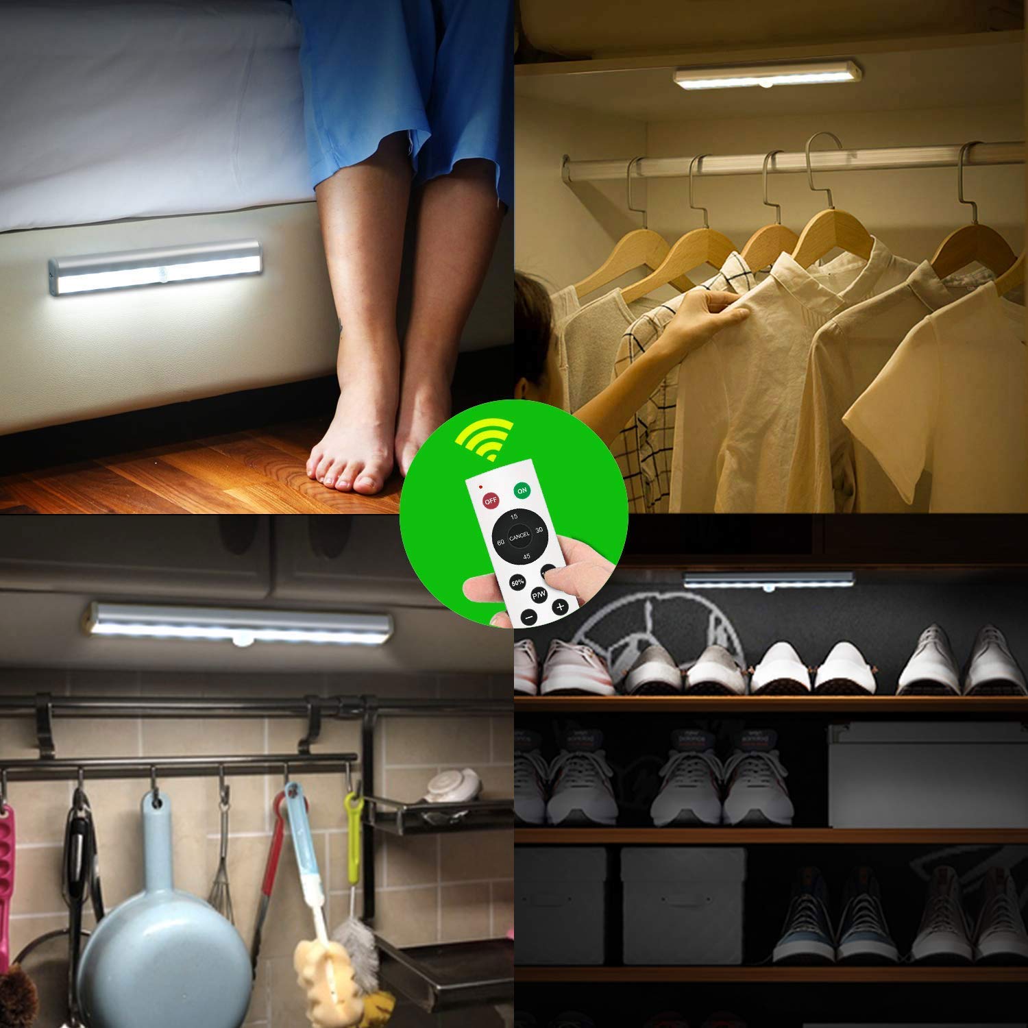 SZOKLED 20LED Under Cabinet Lighting Remote Control, Wireless Closet Lights Rechargeable Under Counter Lights for Kitchen, Hallway, Display, Multiple Colors (4 Pack)