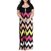 Nemidor Plus Size Maxi Dresses for Curvy Women Casual Short Sleeve Chevron Print Long Dress with Pocket 14-26