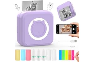 QYCHHJ Mini Sticker Printer for iPhone/Android/Tablet, Bluetooth Mini Pocket Printer Portable with 8 Rolls Thermal Paper, Inkless Thermal Printer for Study Notes Journal Memo Photo Picture, Purple