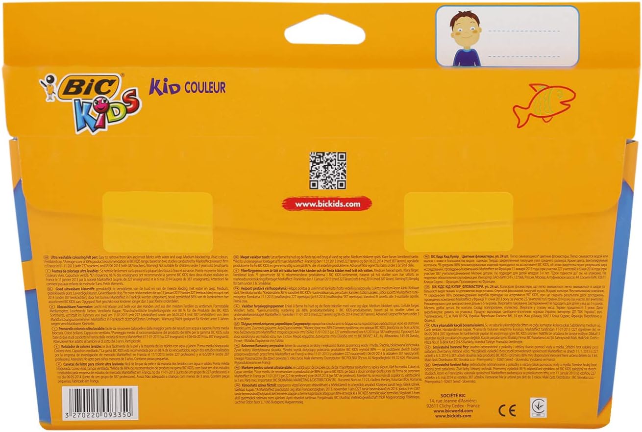 BIC Kids Kid Couleur Felt Tip Colouring Pens - Assorted Colours, Cardboard Wallet of 24: Toys & Games