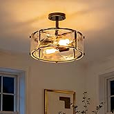 TinHon Black Semi Flush Mount Ceiling Light,12.8" Modern Small Dining Room Light Fixture, 2-Light Hammered Glass Farmhouse Ce