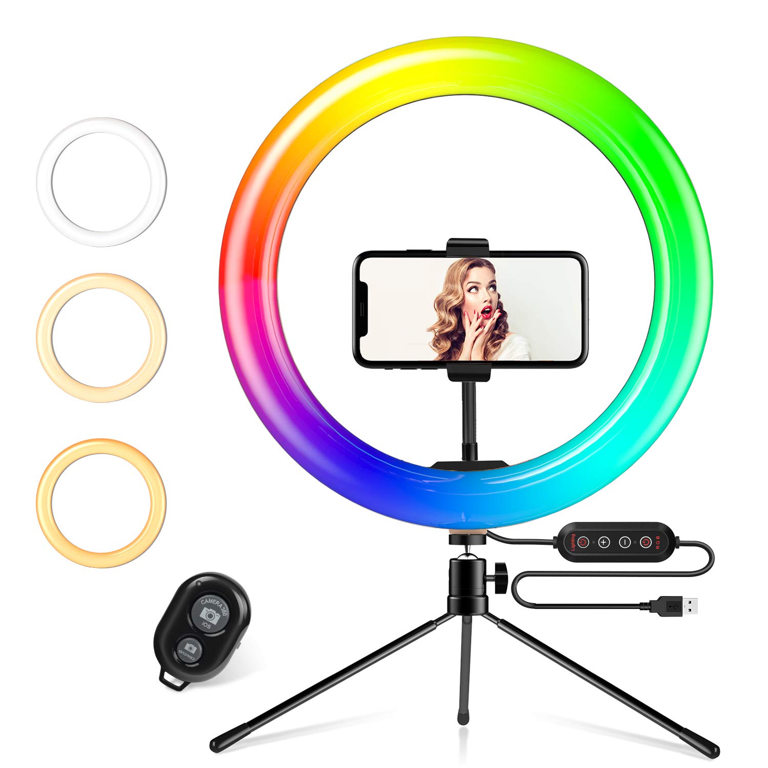 Yesker RGB Ring Light 10 Inch LED Ringlight with Brightness Dimmable 10 RGB Colors with Desktop Tripod Stand and Cell Phone Holder for Video Recording, Makeup, Zoom, Live Stream, Photography