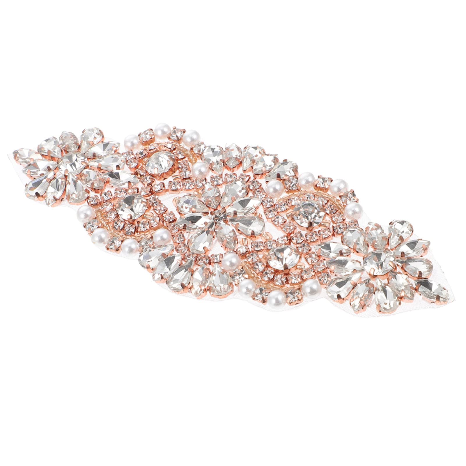 Amosfun Rhinestone Flower Applique Patch Wedding Bridal Dress Belt Embellishment Beaded Sewing Patch for DIY Clothing Wedding Belt Shoes Decor Silver Rose Gold