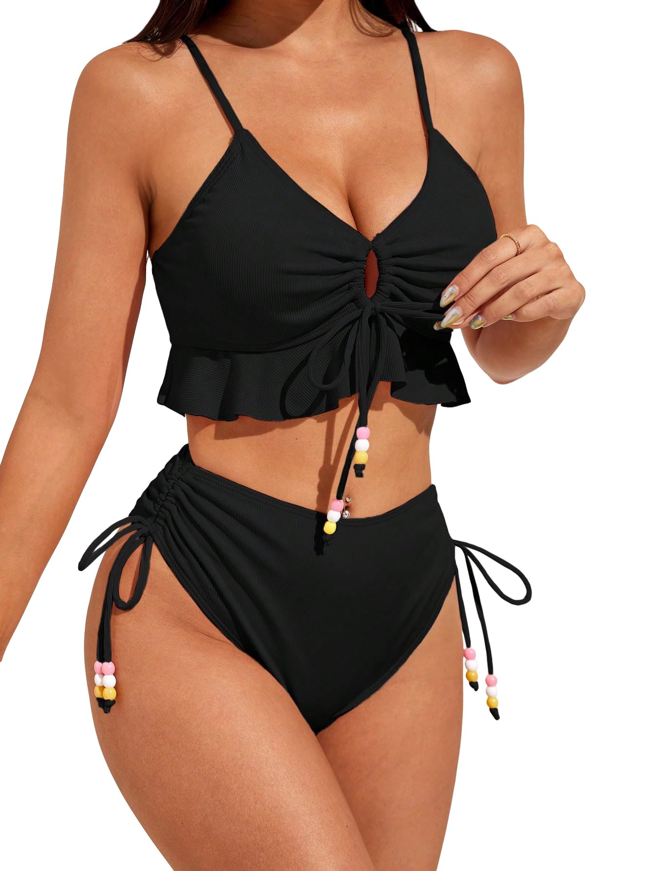 Photo 1 of BEAUDRM Women's 2 Piece Plain Ruffle Hem Drawstring Tankini Set V Neck Ruched Triangle Set High Cut Bikini Swimsuit Bathing Suit Beachwear Black Medium