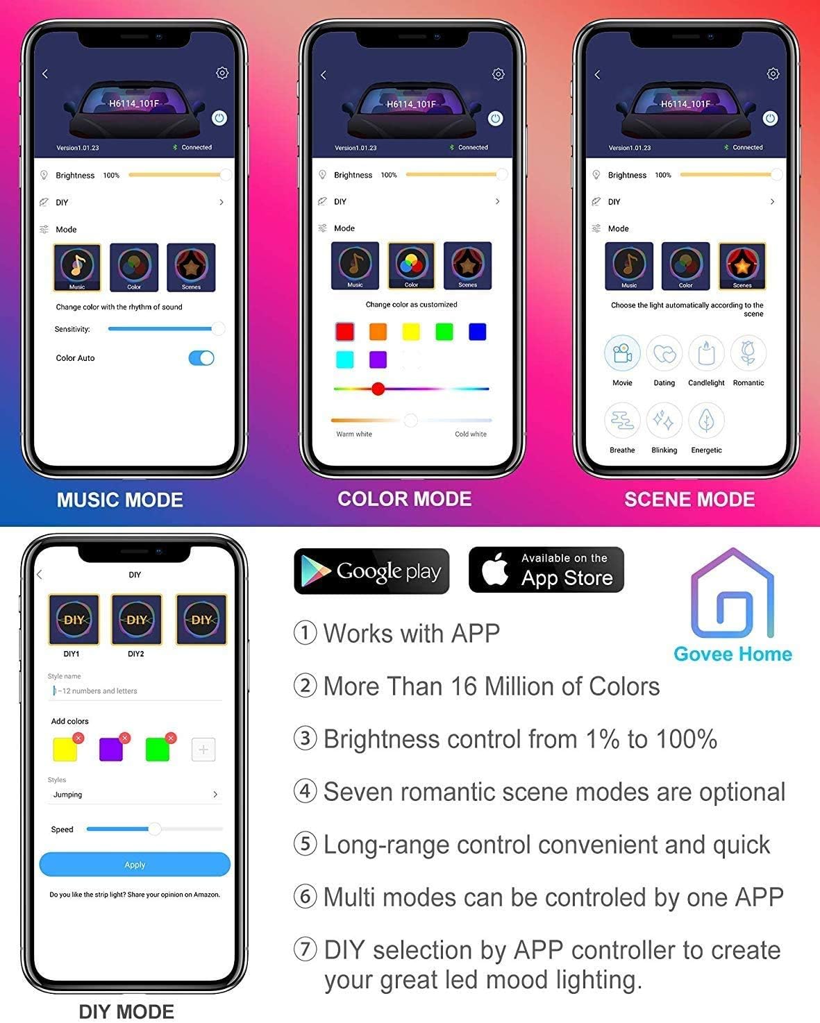 Govee Interior Car Lights, Car LED Strip Light Upgrade Two-Line Design Waterproof 4pcs 48 LED APP Controller Lighting Kits, Multi DIY Color Music Under Dash Car Lighting with Car Charger, DC 12V: Automotive