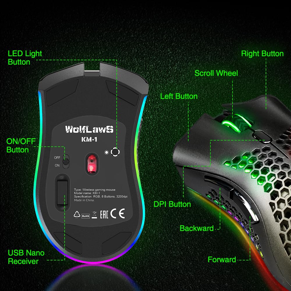 WolfLawS KM-1 Gaming Mouse, Wireless Mouse Gaming Computer Mice USB with Honeycomb Shell, 6 Programmed Buttons, 3 Adjustable DPI, Ergonomic RGB Optical Mouse - Green