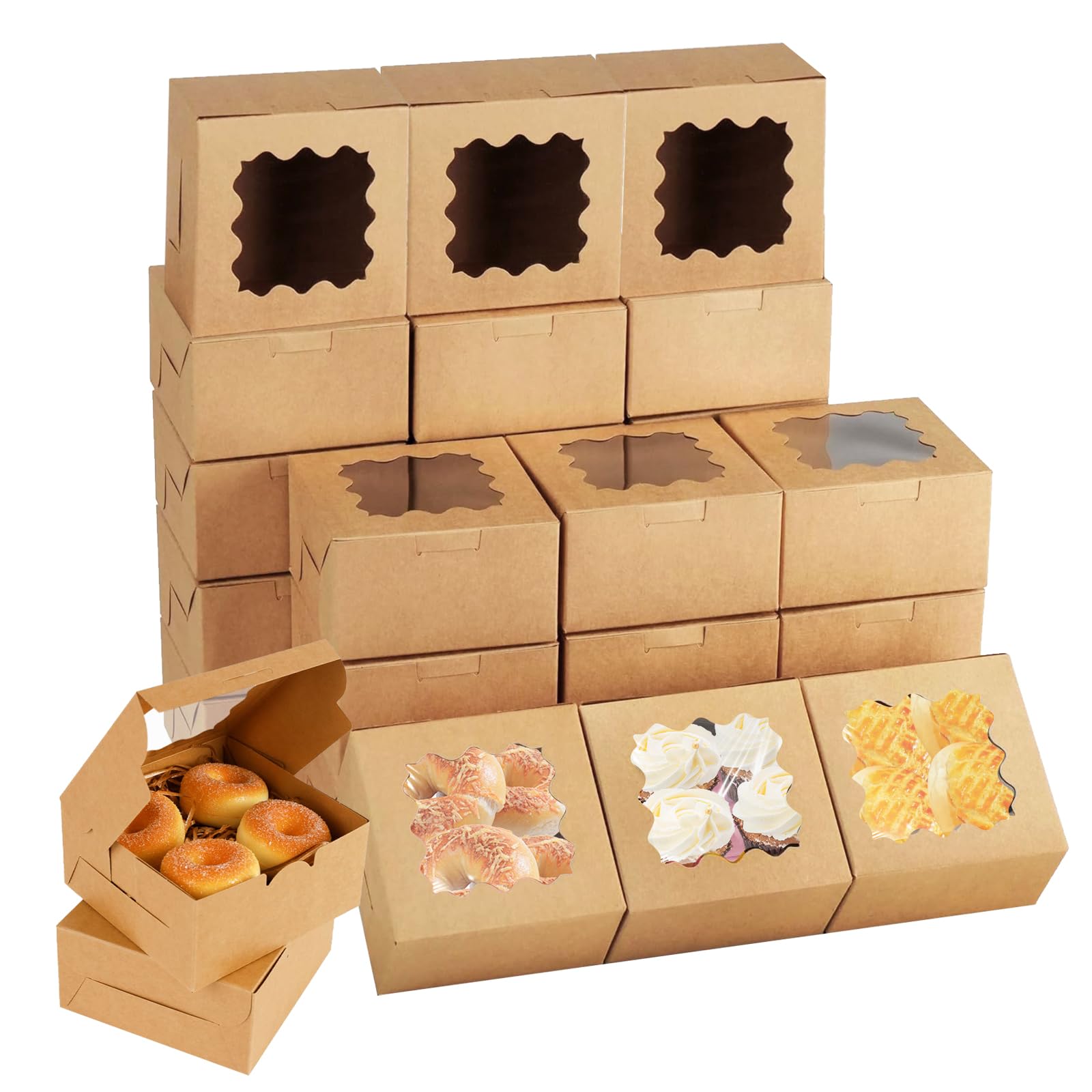Photo 1 of QTLCOHD 100 Pack 6 x 6 x 3 Inches Bakery Boxes with Window Small Cupcake Box Brown Individual Kraft Cookie Pastry Boxes for Pastries, Cookies, Pie, Donuts, Macaroon