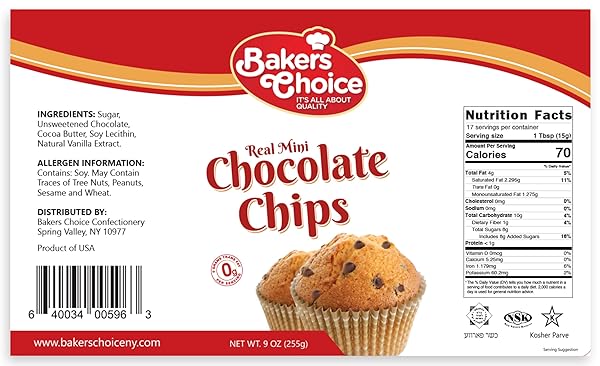 SEMI-SWEET MINI CHOCOLATE CHIPS – DAIRY FREE, KOSHER – 9 OZ. – BAKER’S CHOICE