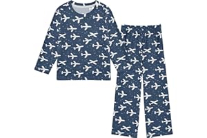 White Airplane A Long Sleeve Tops with Pants Soft Sleepwear 2 Piece Pajamas Set