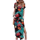 HUSKARY Women's Summer Maxi Dress Casual Loose Pockets Long Dress Short Sleeve Split Maxi Dresses