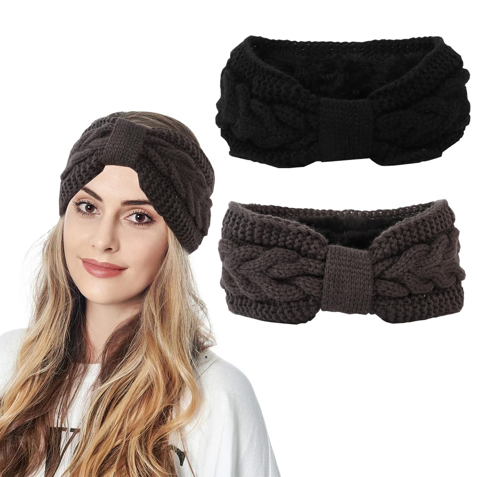 2pcs Winter Knitted Headband, Women's Bow Braided Hair Band Wraps Thick Hairband Thermal Wide Headbands for Skiing Running Outdoor (Black+Grey)