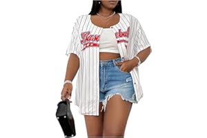 WDIRARA Women's Plus Size Baseball Jersey Shirt Striped Letter Graphic Button Down Short Sleeve Oversized Top