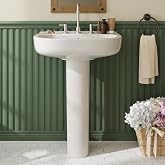 Rectangular Ceramic Pedestal Basin for Bathroom | Freestanding Vanity Basin, Overflow &amp; Backsplash, 3 Pre-Drilled 8-Inch Faucet Holes, Ideal for Small Spaces, Durable