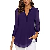 Timeson Women's 3/4 Sleeve Blouses Casual V Neck Dress Shirts Double Layers Mesh Tunics Tops