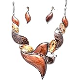 Fenni Jewelry Retro Women's Crystal Floral Petal Leaf Chunky Statement Necklace and Earrings Set Party Jewelry