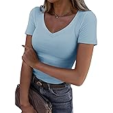 Roselux Women V Neck Ribbed Fitted Tight Tshirt Short Sleeve Shirt Basic Knit Top