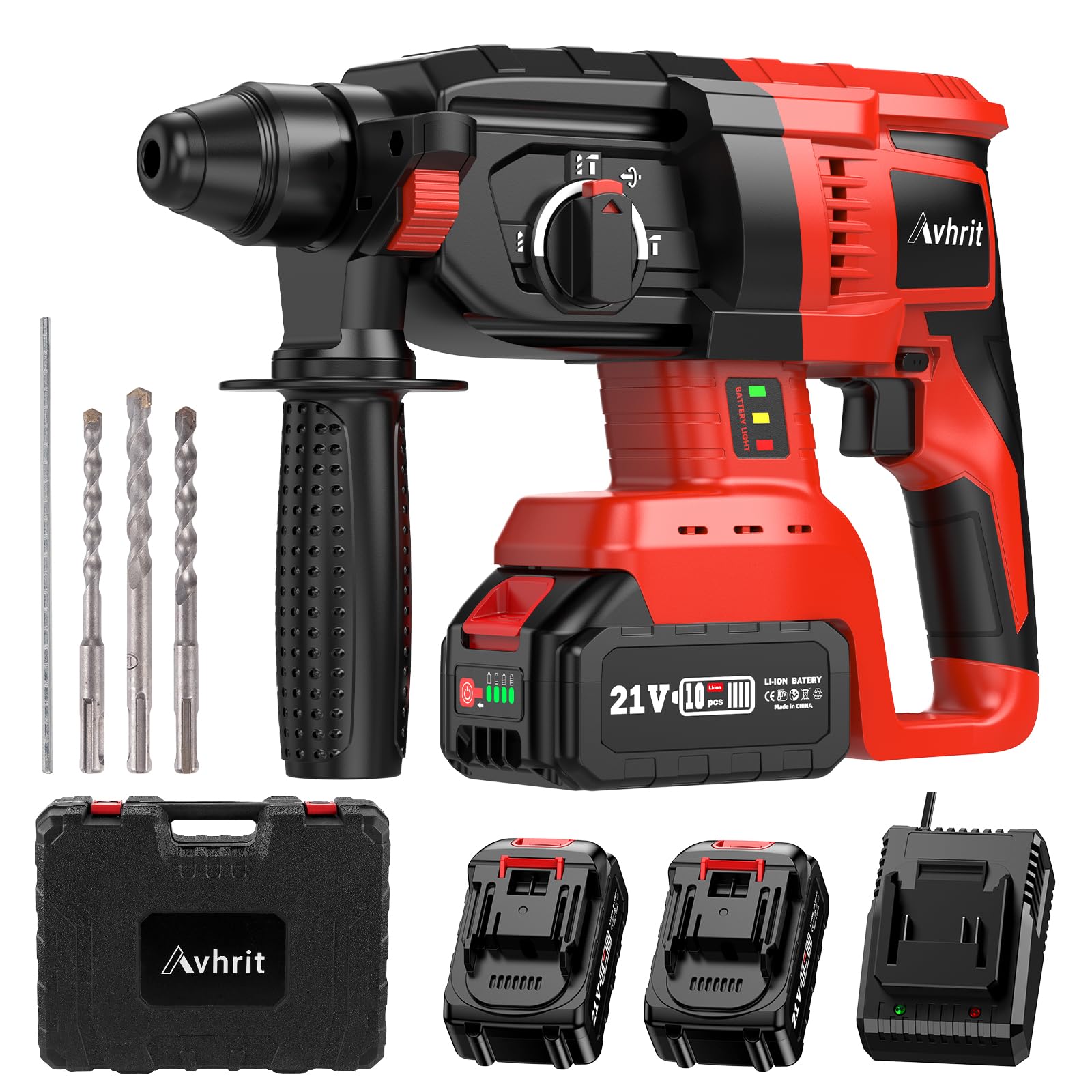 Avhrit 2025 Aktualisierter Akku Bohrhammer, mit 2 Pack Tragbarem Lithium-Akku (21V), Bürstenlosem Motor, 3 Funktionen Akku Schlagbohrschrauber für den Heimgebrauch und Professionelle Bauarbeiten