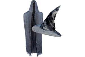 OLYPHAN Rustic Grey Wizard Costume Set with Wizard Hat Grey and Gray Distressed Cloak Cape for Halloween & Cosplay 2 PC Accessory