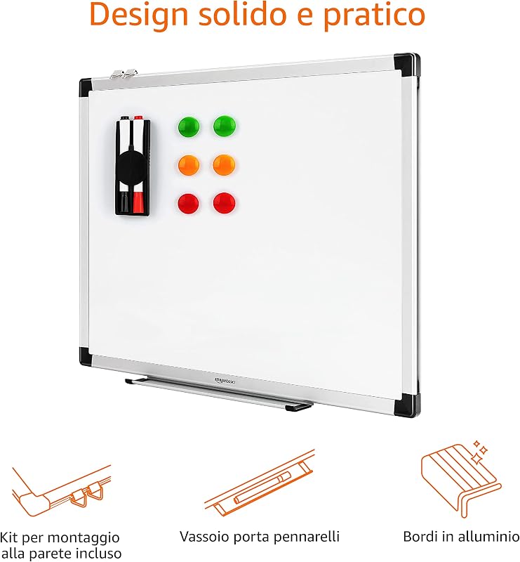 Lavagna Bianca Magnetica con Cornice in Alluminio, Vaschetta Portapenne, 6 Magneti, 1 Cancellino, 2 Pennarelli per Ufficio/Casa, Montaggio a Parete, Cancellabile a Secco, 60cm x 45cm