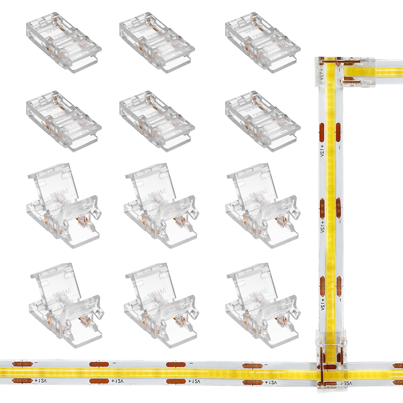 VIPMOON 12 Pack 2-in-1 T L Shape 2 Pin COB LED Strip Light Connectors 10mm, Gapless Solderless Strip to Strip Connectors for SMD/COB 3528 2835 LED Strip Lights, 0-36V 3.5A
