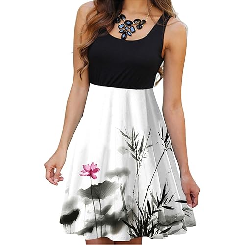 Women's Vintage Scoop Neck Midi Dress Sleeveless Summer Casual Elegant Sundress Floral Printed A-Line Dress