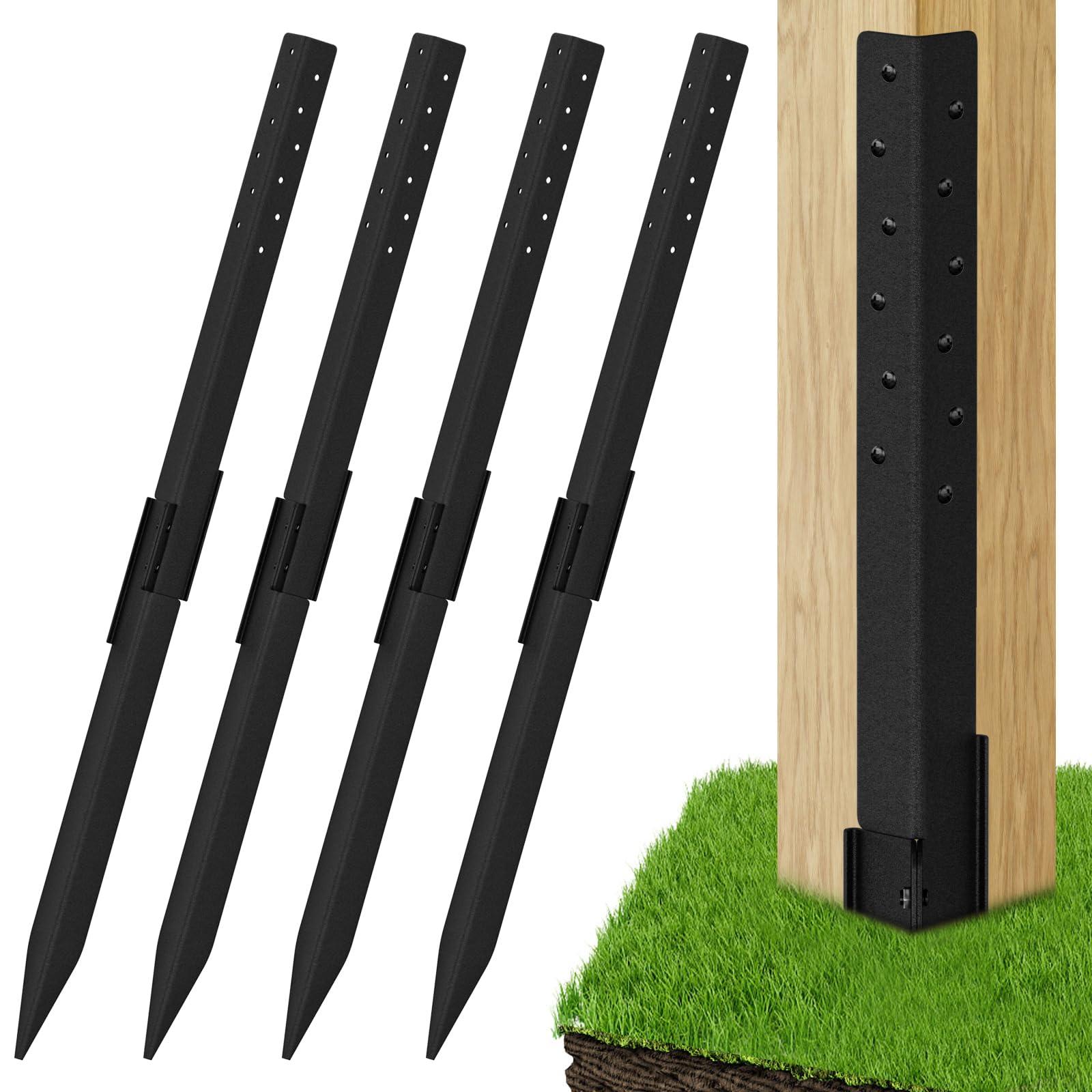4 Pack Fence Post Repair - Fence Post Anchor Ground Spike for Repair Tilted/Broken Wood Fence Post, Easy to Install & Double Firm（Black）