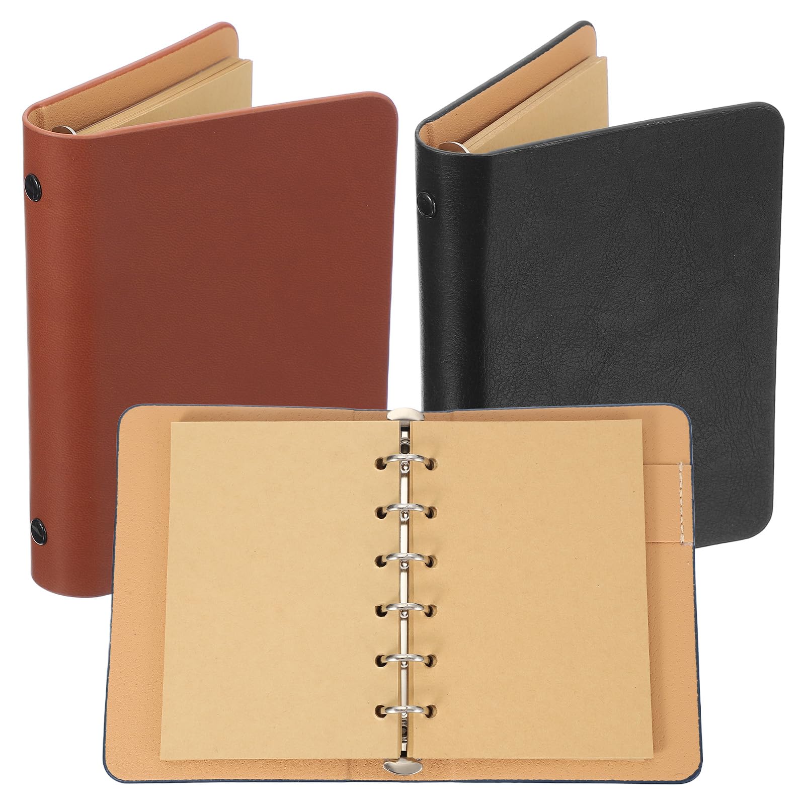 Photo 1 of PATIKIL 6 Ring Binder Cover, 2 Pack A7 Kraft Leather Notebook Binder Mini Refillable Loose Leaf Personal Planner with 50 Sheets Paper, Black/Brown