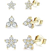 Sterling Silver Stud Earrings for Women Men, Flower Cubic Zirconia Stud Earrings Set | Small Cartilage CZ Hypoallergenic Tragus Piercing Earrings for Teens 3mm 4mm 5mm