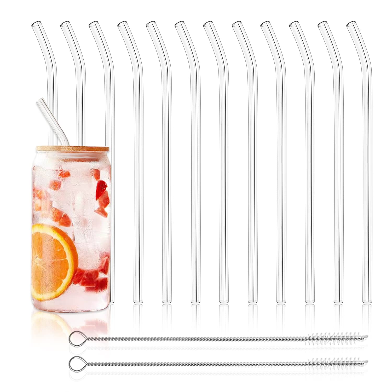 Photo 1 of 12 Pack Reusable Glass Straws - 8" x 8 MM, Bent Glass Drinking Straws with 2 Cleaning Brushes, Reusable Straws for Smoothies, Milkshake, Frozen Drinks, Tea, Juice